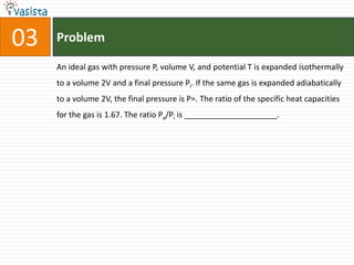 Problem03An ideal gas with pressure P, volume V, and potential T is expanded isothermally to a volume 2V and a final pressure Pi. If the same gas is expanded adiabatically to a volume 2V, the final pressure is P=. The ratio of the specific heat capacities for the gas is 1.67. The ratio Pa/Pi is _____________________.
