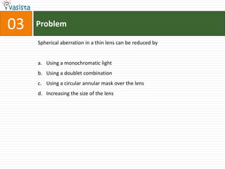 Problem03Spherical aberration in a thin lens can be reduced by Using a monochromatic lightUsing a doublet combinationUsing a circular annular mask over the lensIncreasing the size of the lens