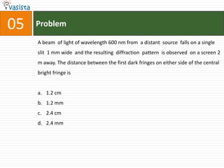 Problem05A beam  of light of wavelength 600 nm from  a distant  source  falls on a single  slit  1 mm wide  and the resulting  diffraction  pattern  is observed  on a screen 2 m away. The distance between the first dark fringes on either side of the central bright fringe is  1.2 cm1.2 mm2.4 cm2.4 mm