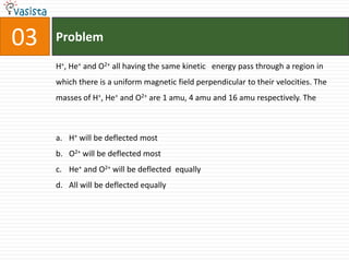 Problem03H+, He+ and O2+ all having the same kinetic   energy pass through a region in which there is a uniform magnetic field perpendicular to their velocities. The masses of H+, He+ and O2+ are 1 amu, 4 amu and 16 amu respectively. The H+ will be deflected mostO2+ will be deflected mostHe+ and O2+ will be deflected  equally All will be deflected equally