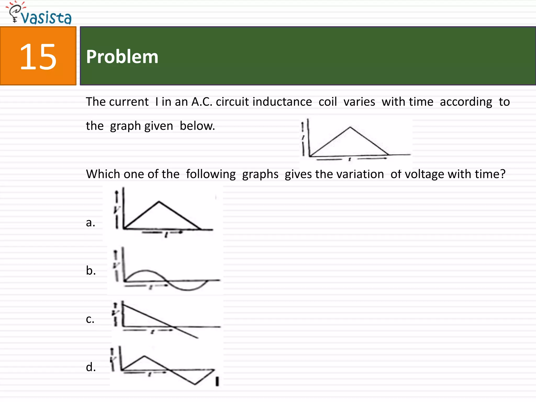 Problem15The current  I in an A.C. circuit inductance  coil  varies  with time  according  to the  graph given  below. Which one of the  following  graphs  gives the variation  of voltage with time?a.b.	c.d.