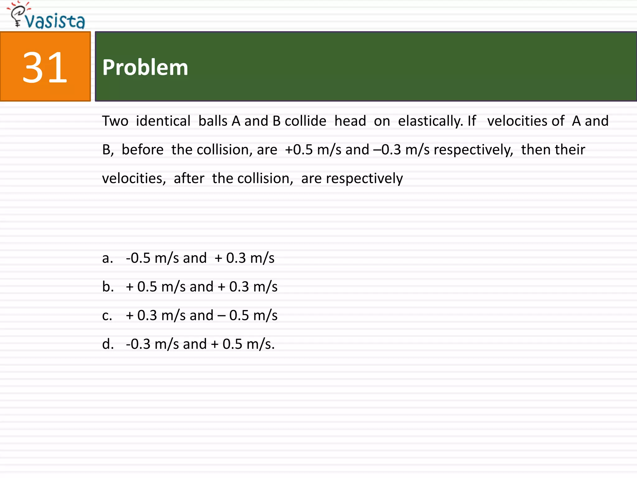 Problem31Two  identical  balls A and B collide  head  on  elastically. If   velocities of  A and B,  before  the collision, are  +0.5 m/s and –0.3 m/s respectively,  then their  velocities,  after  the collision,  are respectively -0.5 m/s and  + 0.3 m/s+ 0.5 m/s and + 0.3 m/s+ 0.3 m/s and – 0.5 m/s-0.3 m/s and + 0.5 m/s.