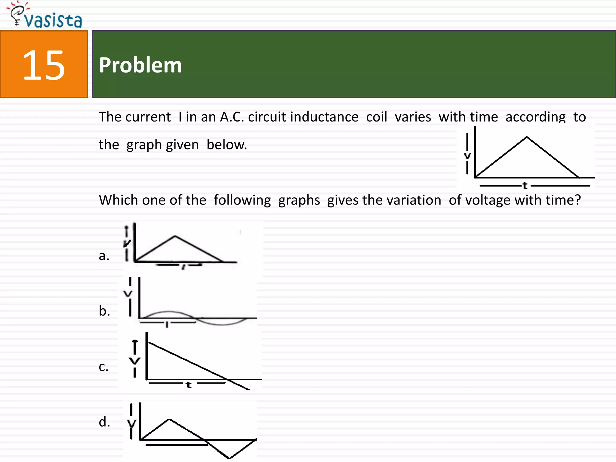 Problem15The current  I in an A.C. circuit inductance  coil  varies  with time  according  to the  graph given  below. Which one of the  following  graphs  gives the variation  of voltage with time?a.b.	c.d.