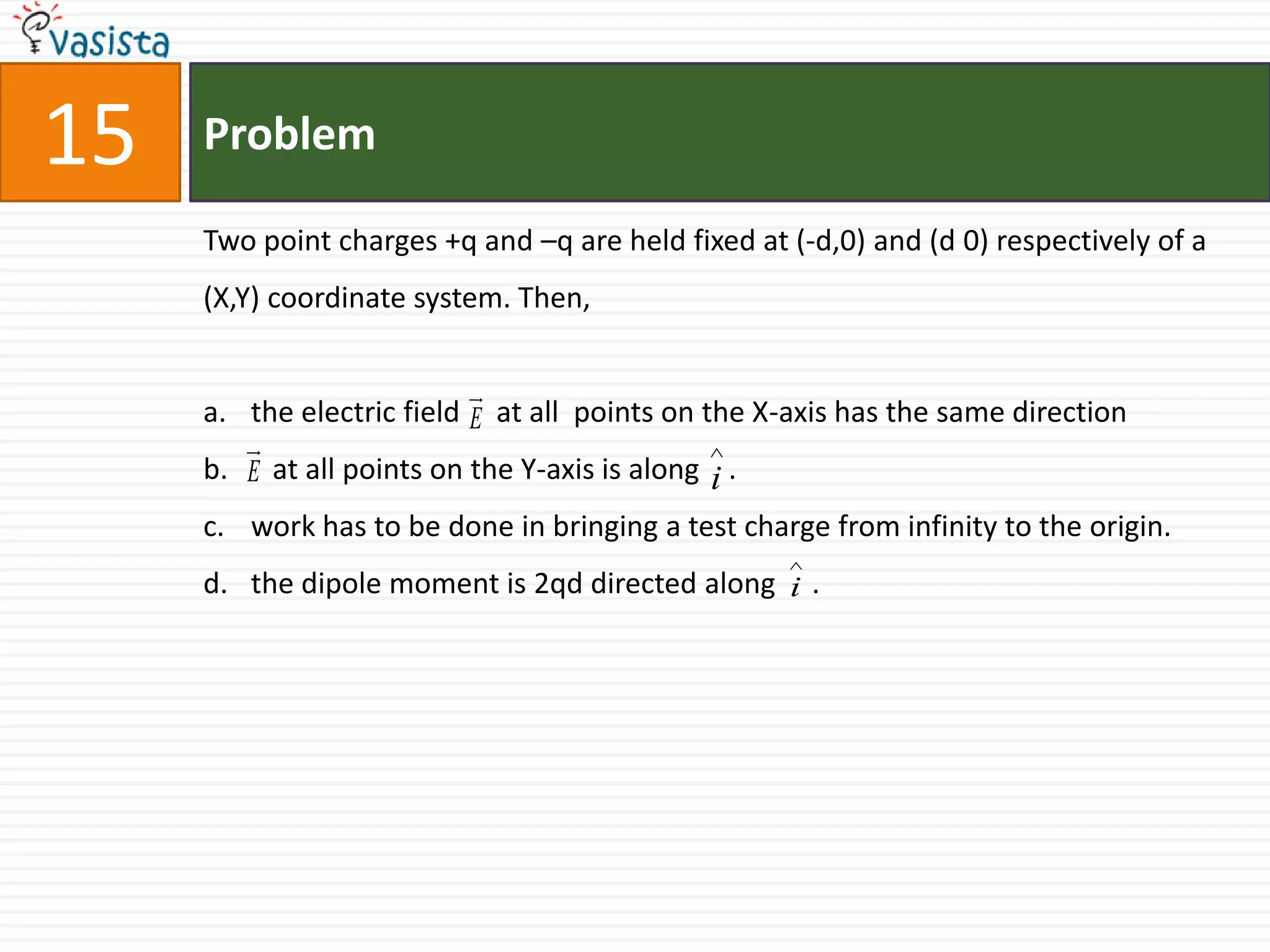 Problem15Two point charges +q and –q are held fixed at (-d,0) and (d 0) respectively of a (X,Y) coordinate system. Then,the electric field     at all  points on the X-axis has the same direction    at all points on the Y-axis is along    .work has to be done in bringing a test charge from infinity to the origin.the dipole moment is 2qd directed along     .