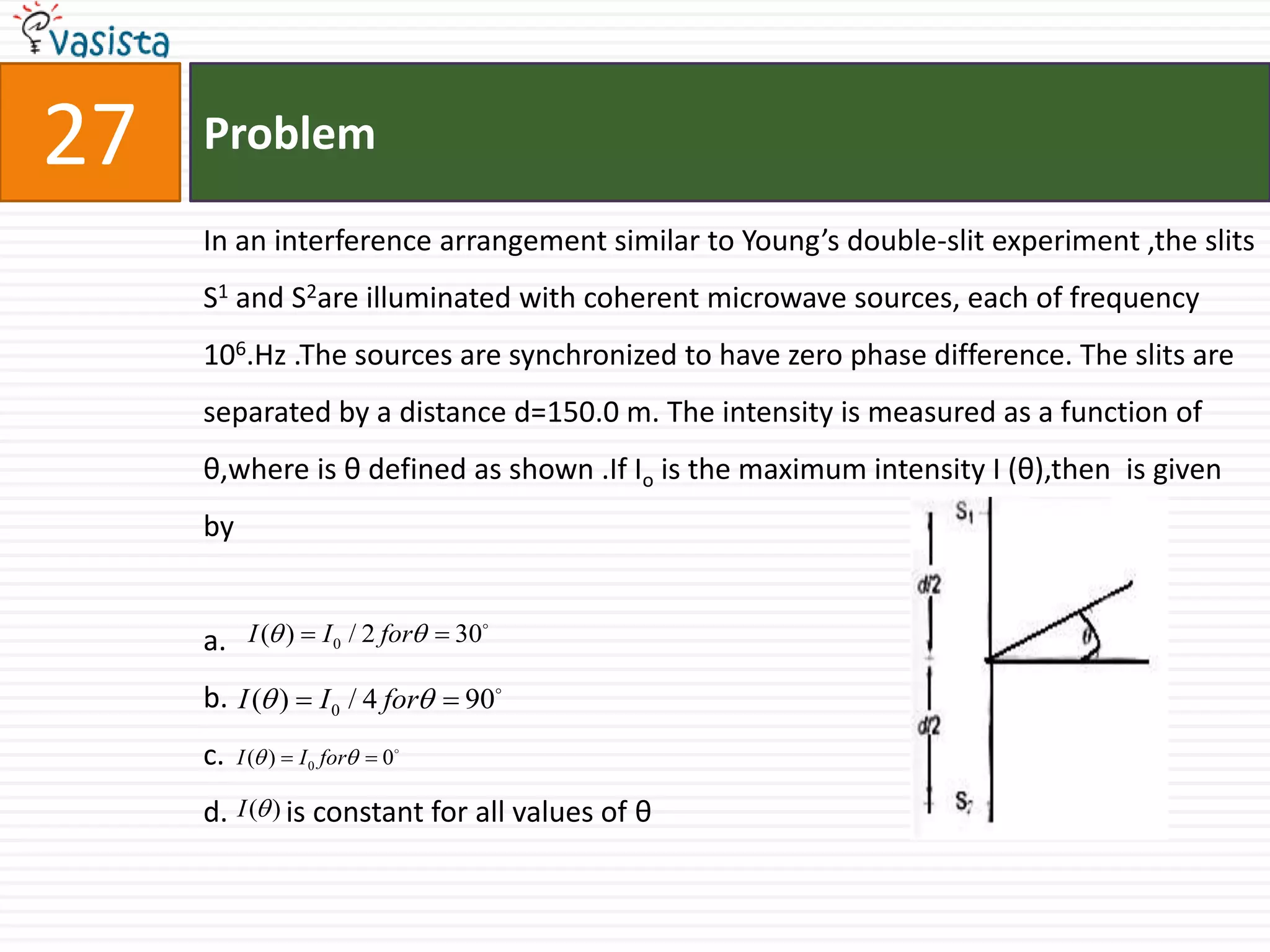 Problem27In an interference arrangement similar to Young’s double-slit experiment ,the slits S1 and S2are illuminated with coherent microwave sources, each of frequency 106.Hz .The sources are synchronized to have zero phase difference. The slits are separated by a distance d=150.0 m. The intensity is measured as a function of θ,where is θ defined as shown .If Io is the maximum intensity I (θ),then  is given by a.b.c.d.        is constant for all values of θ