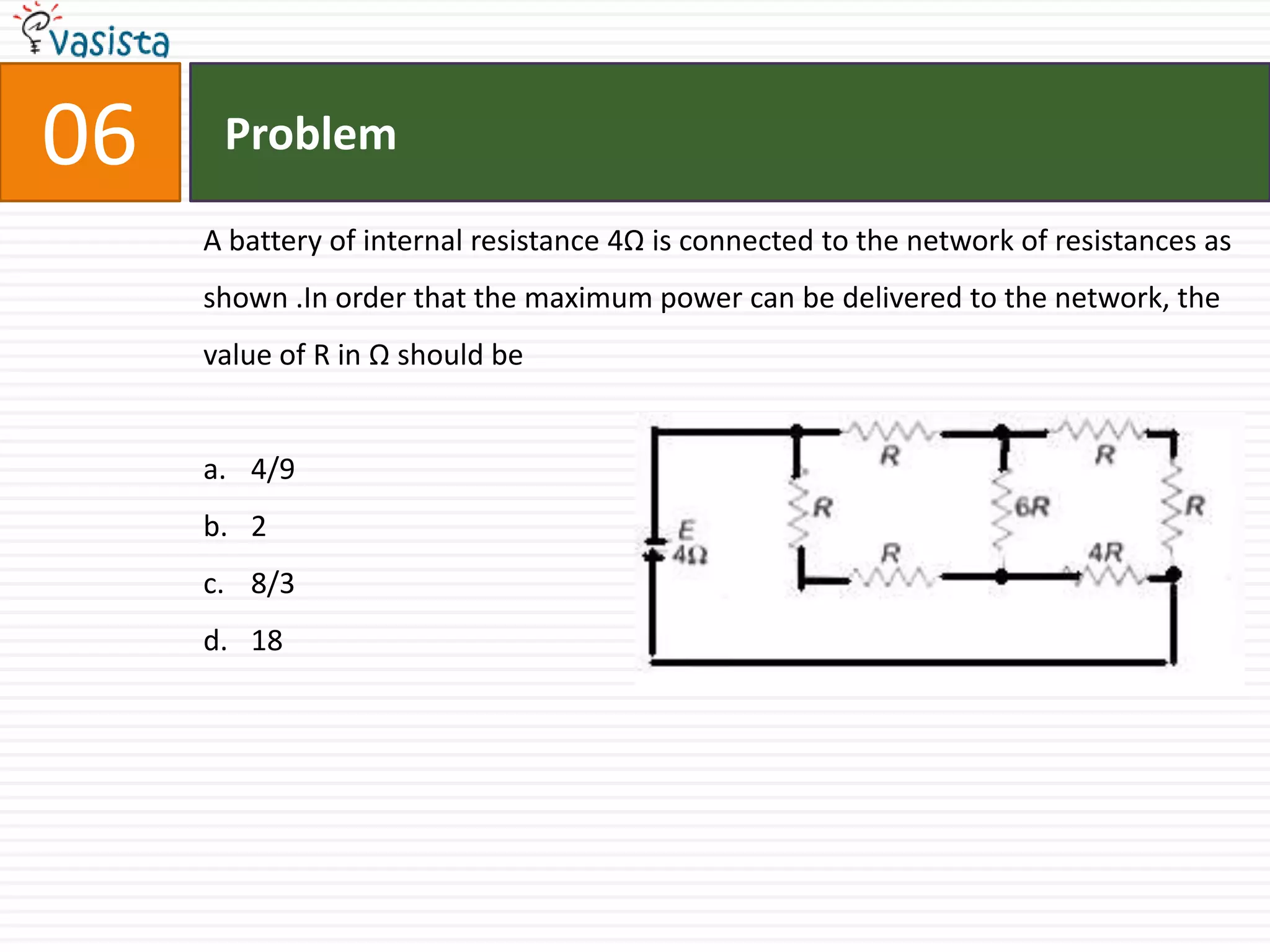 Problem06A battery of internal resistance 4Ω is connected to the network of resistances as shown .In order that the maximum power can be delivered to the network, the value of R in Ω should be4/928/318