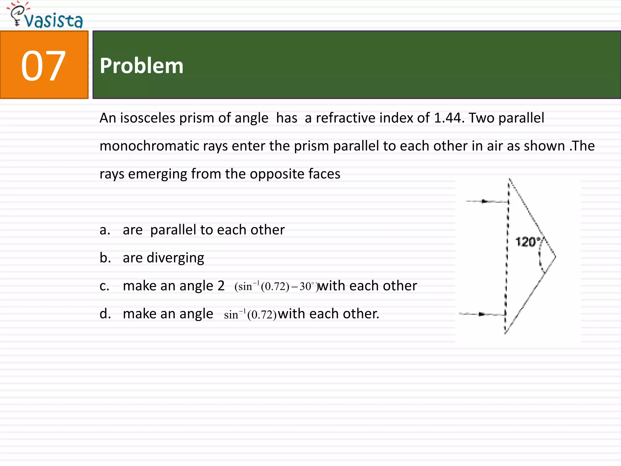 Problem07An isosceles prism of angle  has  a refractive index of 1.44. Two parallel monochromatic rays enter the prism parallel to each other in air as shown .The rays emerging from the opposite facesare  parallel to each otherare diverging make an angle 2                          with each othermake an angle                  with each other.