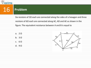 Problem16Six resistors of 3Ω each are connected along the sides of a hexagon and three resistors of 6Ω each are connected along AC, AD and AE as shown in the figure. The equivalent resistance between A and B is equal to 2 Ω3 Ω6 Ω9 Ω