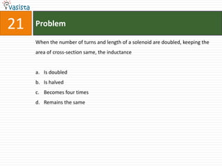 Problem21When the number of turns and length of a solenoid are doubled, keeping the area of cross-section same, the inductanceIs doubledIs halvedBecomes four timesRemains the same