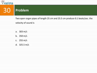 Problem30Two open organ pipes of length 25 cm and 25.5 cm produce 0.1 beats/sec. the velocity of sound is303 m/s350 m/s255 m/s325.5 m/s