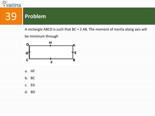 Problem39A rectangle ABCD is such that BC = 2 AB. The moment of inertia along axis will be minimum throughHFBCEGBD