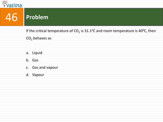 Problem46If the critical temperature of CO2 is 31.10C and room temperature is 400C, then CO2 behaves asLiquid GasGas and vapourVapour