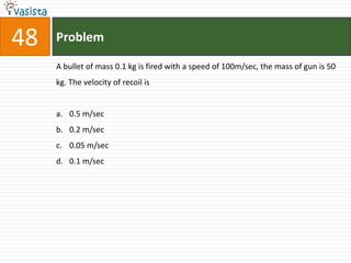 Problem48A bullet of mass 0.1 kg is fired with a speed of 100m/sec, the mass of gun is 50 kg. The velocity of recoil is0.5 m/sec0.2 m/sec0.05 m/sec0.1 m/sec