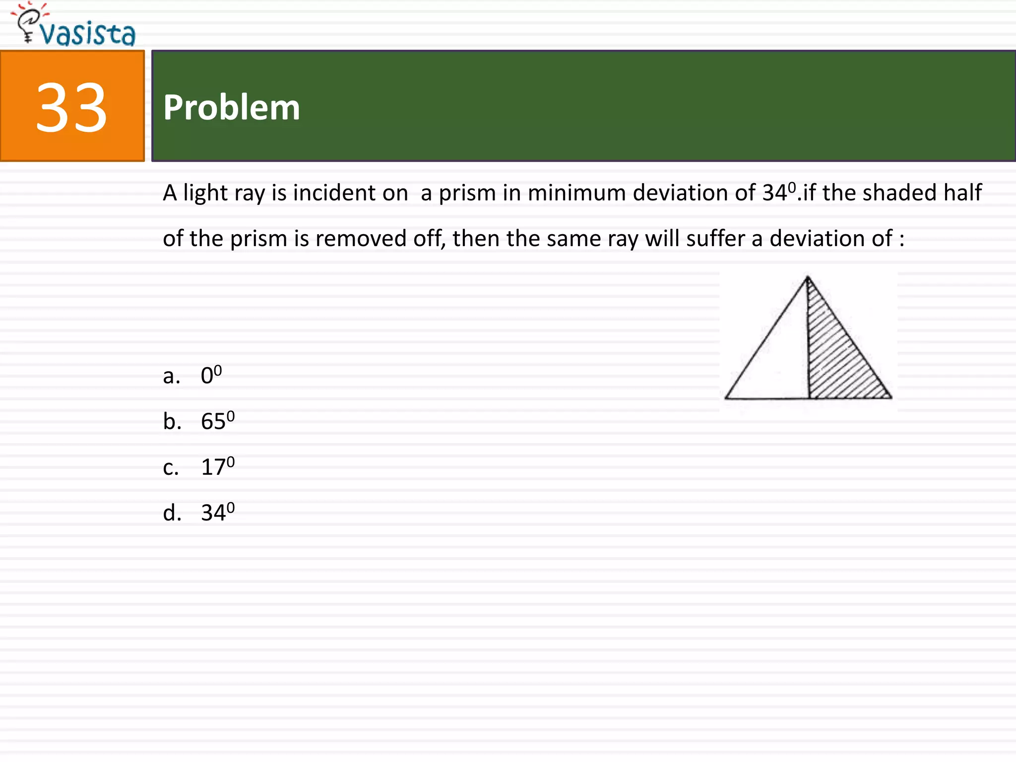 33   Problem

     A light ray is incident on a prism in minimum deviation of 340.if the shaded half
     of the prism is removed off, then the same ray will suffer a deviation of :




     a. 00
     b. 650
     c. 170
     d. 340
 
