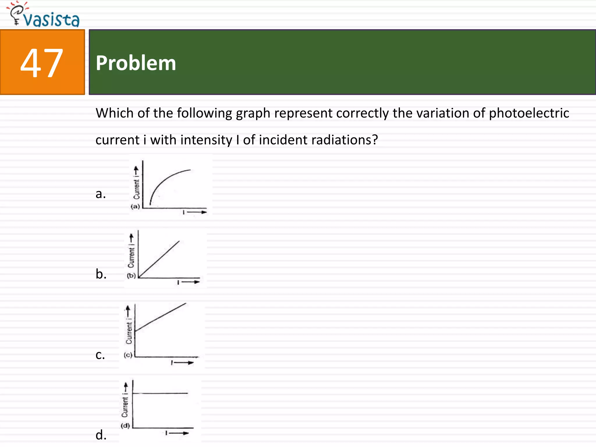 47   Problem

     Which of the following graph represent correctly the variation of photoelectric
     current i with intensity I of incident radiations?


     a.




     b.




     c.




     d.
 