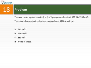 18   Problem

     The root mean square velocity (rms) of hydrogen molecule at 300 K is 1930 m/3.
     The value of rms velocity of oxygen molecules at 1200 K, will be:


     a. 965 m/s
     b. 1065 m/s
     c. 865 m/s
     d. None of these
 