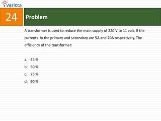 24   Problem

     A transformer is used to reduce the main supply of 220 V to 11 volt. If the
     currents In the primary and secondary are 5A and 70A respectively. The
     efficiency of the transformer:


     a. 45 %
     b. 50 %
     c. 75 %
     d. 90 %
 