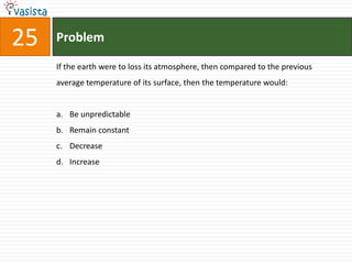 25   Problem

     If the earth were to loss its atmosphere, then compared to the previous
     average temperature of its surface, then the temperature would:


     a. Be unpredictable
     b. Remain constant
     c. Decrease
     d. Increase
 