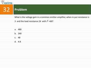 32   Problem

     What is the voltage gain in a common emitter amplifier, when in put resistance is
     3 and the load resistance 24 with  =60?


     a. 480
     b. 240
     c. 48
     d. 4.8
 