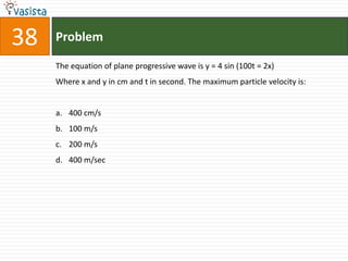 38   Problem

     The equation of plane progressive wave is y = 4 sin (100t = 2x)
     Where x and y in cm and t in second. The maximum particle velocity is:


     a. 400 cm/s
     b. 100 m/s
     c. 200 m/s
     d. 400 m/sec
 