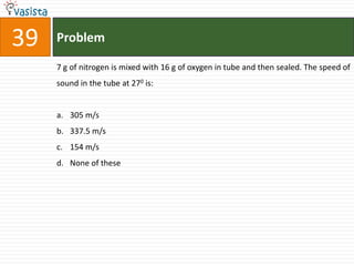 39   Problem

     7 g of nitrogen is mixed with 16 g of oxygen in tube and then sealed. The speed of
     sound in the tube at 270 is:


     a. 305 m/s
     b. 337.5 m/s
     c. 154 m/s
     d. None of these
 