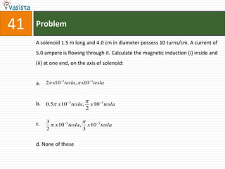 41   Problem

     A solenoid 1.5 m long and 4.0 cm in diameter possess 10 turns/cm. A current of
     5.0 ampere is flowing through it. Calculate the magnetic induction (i) inside and
     (ii) at one end, on the axis of solenoid:


     a.   2 x103 tesla,  x103 tesla



     b. 0.5 x103 tesla,  x 103 tesla
                             2

          3                
     c.      x 103 tesla, x 103 tesla
          2                3


     d. None of these
 