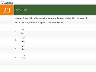 23   Problem

     A wire of length L meter carrying a current I ampere is bent in the form of a
     circle. Its magnitude of magnetic moment will be:


     a.   Li 2
          4

          i 2 L2
     b.
           4

           iL2
     c.    4


                l
     d.    L
               4
 