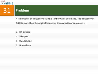 31   Problem

     A radio waves of frequency 840 Hz is sent towards aeroplane. The frequency of
     2.8 kHz more than the original frequency then velocity of aeroplane is :


     a. 0.5 km/sec
     b. 5 km/sec
     c. 0.25 km/sec
     d. None these
 