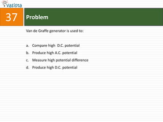 37   Problem

     Van de Graffe generator is used to:


     a. Compare high D.C. potential
     b. Produce high A.C. potential
     c. Measure high potential difference
     d. Produce high D.C. potential
 