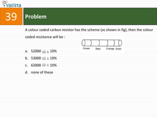 39   Problem

     A colour coded carbon resistor has the scheme (as shown in fig), then the colour
     coded resistance will be :


     a. 52000        10%
     b. 53000        10%
     c. 62000        10%
     d. none of these
 