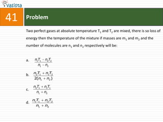 41   Problem

     Two perfect gases at absolute temperature T1 and T2 are mixed, there is so loss of
     energy then the temperature of the mixture if masses are m1 and m2 and the
     number of molecules are n1 and n2 respectively will be:


     a.    n1T1   n2T2
             n1   n2

     b.   n2T1    n1T2
          2(n1     n2 )

          n2T1    n1T1
     c.
            n1    n2

          n1T1    n2T2
     d.
            n1    n2
 