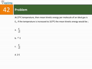 42   Problem

     At 27oC temperature, then mean kinetic energy per molecule of an ideal gas is
     E1. If the temperature is increased to 3270C the mean kinetic energy would be ;


     a. E1
              2

          2
     b.       E

          E1
     c.
              2


     d. 2 E
 