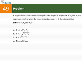49   Problem

     A projectile can have the same range for two angles of projection. If h1 and h2 are
     maximum heights when the range in the two cases is R, then the relation
     between R, h1 and h2 is :


     a. R = 4    h1 h2

     b. R = 2    h1 h2
                h1 h2
     c. R =
     d. None of these
 