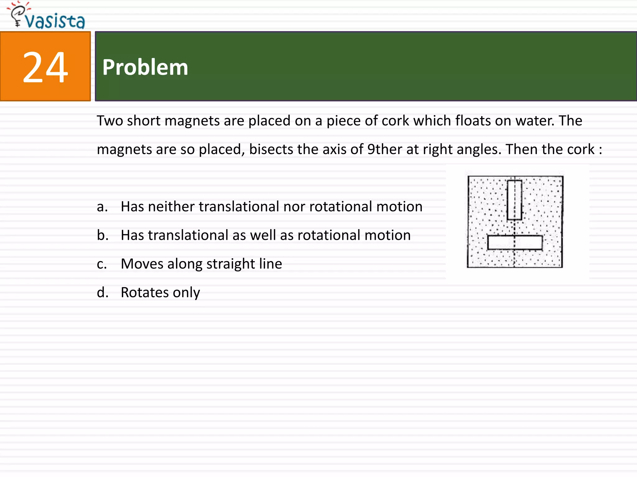 24   Problem

     Two short magnets are placed on a piece of cork which floats on water. The
     magnets are so placed, bisects the axis of 9ther at right angles. Then the cork :


     a. Has neither translational nor rotational motion
     b. Has translational as well as rotational motion
     c. Moves along straight line
     d. Rotates only
 