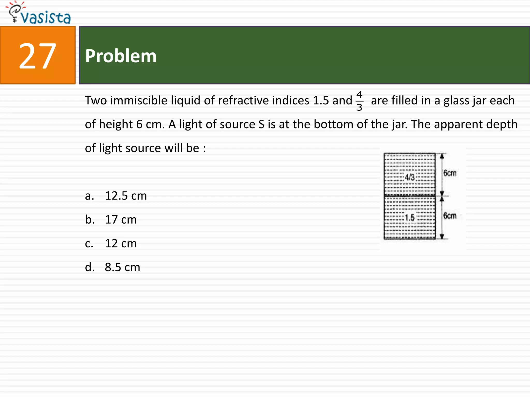 27   Problem
                                                         4
     Two immiscible liquid of refractive indices 1.5 and 3 are filled in a glass jar each
     of height 6 cm. A light of source S is at the bottom of the jar. The apparent depth
     of light source will be :


     a. 12.5 cm
     b. 17 cm
     c. 12 cm
     d. 8.5 cm
 