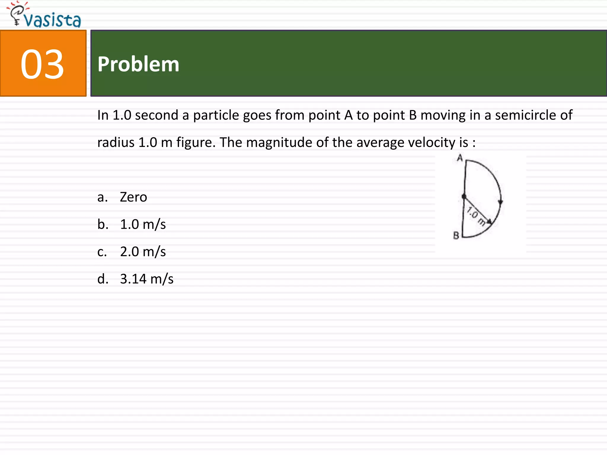 03   Problem

     In 1.0 second a particle goes from point A to point B moving in a semicircle of
     radius 1.0 m figure. The magnitude of the average velocity is :


     a. Zero
     b. 1.0 m/s
     c. 2.0 m/s
     d. 3.14 m/s
 