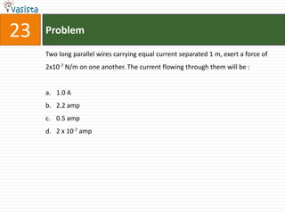 23   Problem

     Two long parallel wires carrying equal current separated 1 m, exert a force of
     2x10-7 N/m on one another. The current flowing through them will be :


     a. 1.0 A
     b. 2.2 amp
     c. 0.5 amp
     d. 2 x 10-7 amp
 