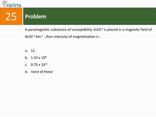 25   Problem

     A paramagnetic substance of susceptibility 3x10-4 is placed in a magnetic field of
     4x10-1 Am-1 . then intensity of magnetization is :


     a. 12
     b. 1.33 x 108
     c. 0.75 x 10-8
     d. none of these
 