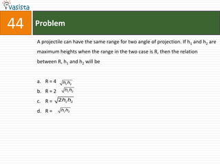 44   Problem

     A projectile can have the same range for two angle of projection. If h1 and h2 are
     maximum heights when the range in the two case is R, then the relation
     between R, h1 and h2 will be


     a. R = 4     h1 h2

     b. R = 2      h1 h2

     c. R =     2h1 h2

     d. R =      h1 h2
 