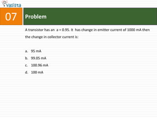 07   Problem

     A transistor has an a = 0.95. It has change in emitter current of 1000 mA then
     the change in collector current is:


     a. 95 mA
     b. 99.05 mA
     c. 100.96 mA
     d. 100 mA
 
