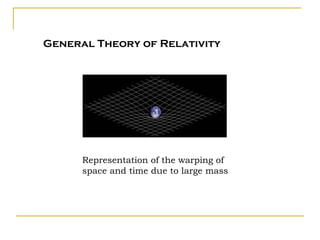 General Theory of Relativity




      Representation of the warping of
      space and time due to large mass
 