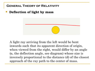 General Theory of Relativity
   Deflection of light by mass




    A light ray arriving from the left would be bent
    inwards such that its apparent direction of origin,
    when viewed from the right, would differ by an angle
    (α, the deflection angle, see diagram) whose size is
    inversely proportional to the distance (d) of the closest
    approach of the ray path to the center of mass.
 