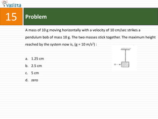 15   Problem

     A mass of 10 g moving horizontally with a velocity of 10 cm/sec strikes a
     pendulum bob of mass 10 g. The two masses stick together. The maximum height
     reached by the system now is, (g = 10 m/s2) :


     a. 1.25 cm
     b. 2.5 cm
     c. 5 cm
     d. zero
 