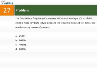 27   Problem

     The fundamental frequency of transverse vibration of a string is 200 Hz. If the
     string is made to vibrate in two loops and the tension is increased to 4 times, the
     new frequency becomes/remains :


     a. 25 Hz
     b. 800 Hz
     c. 400 Hz
     d. 200 Hz
 