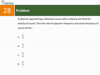 28   Problem

     A observer approaching a stationary source with a velocity one third the
     velocity of sound. Then the ratio of apparent frequency and actual frequency of
     source will be :

          2
     a.   3


          3
     b.   2


          3
     c.   4

          4
     d.   3
 