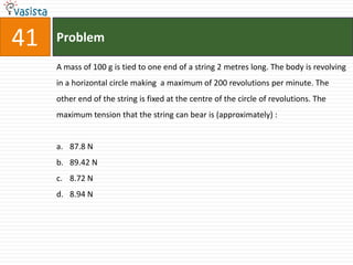 41   Problem

     A mass of 100 g is tied to one end of a string 2 metres long. The body is revolving
     in a horizontal circle making a maximum of 200 revolutions per minute. The
     other end of the string is fixed at the centre of the circle of revolutions. The
     maximum tension that the string can bear is (approximately) :


     a. 87.8 N
     b. 89.42 N
     c. 8.72 N
     d. 8.94 N
 