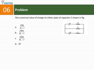 06   Problem

     The numerical value of charge on either plate of capacitor C shown in fig.


          CER1
     a.   R2  r
          CER2
     b.   R2  r
          CER1
     c.
          R1  r

     d. CF
 