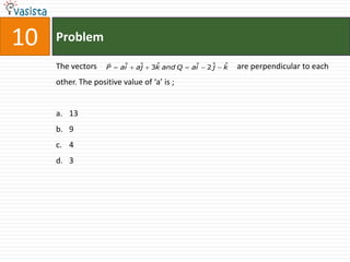 10   Problem
                    
     The vectors              ˆ    ˆ          ˆ     j ˆ
                    P  ai  aj  3k and Q  ai  2 ˆ  k
                         ˆ                                  are perpendicular to each
     other. The positive value of ‘a’ is ;


     a. 13
     b. 9
     c. 4
     d. 3
 