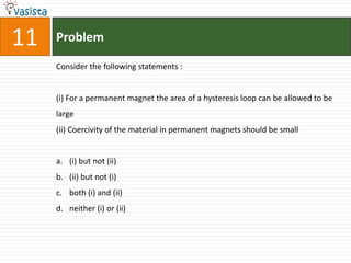 11   Problem

     Consider the following statements :


     (i) For a permanent magnet the area of a hysteresis loop can be allowed to be
     large
     (ii) Coercivity of the material in permanent magnets should be small


     a. (i) but not (ii)
     b. (ii) but not (i)
     c. both (i) and (ii)
     d. neither (i) or (ii)
 