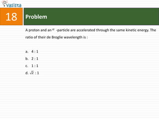 18   Problem

     A proton and an  -particle are accelerated through the same kinetic energy. The
     ratio of their de Broglie wavelength is :


     a. 4 : 1
     b. 2 : 1
     c. 1 : 1
     d.   2   :1
 
